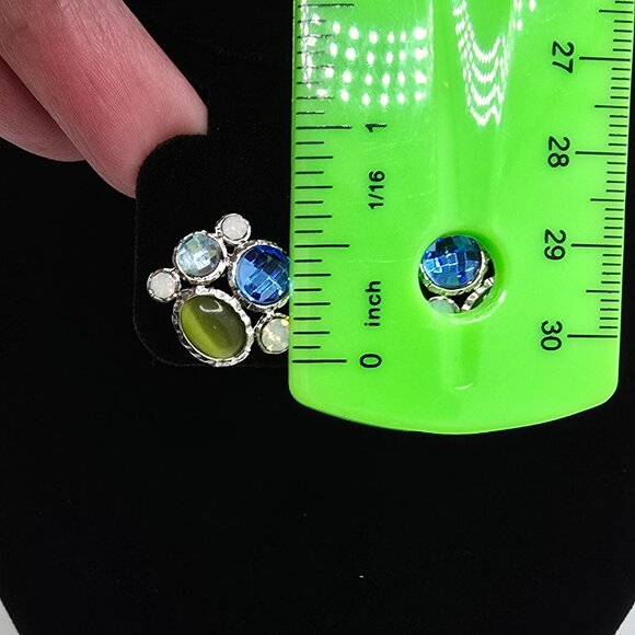 Silver Blue Green Rhinestone Opal Pierced Post-Back Earrings - Picture 4 of 4